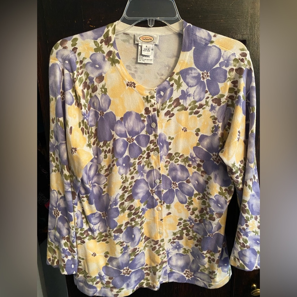 Yellow, purple & green floral w/ white background sweater w/ 3/4 sleeves